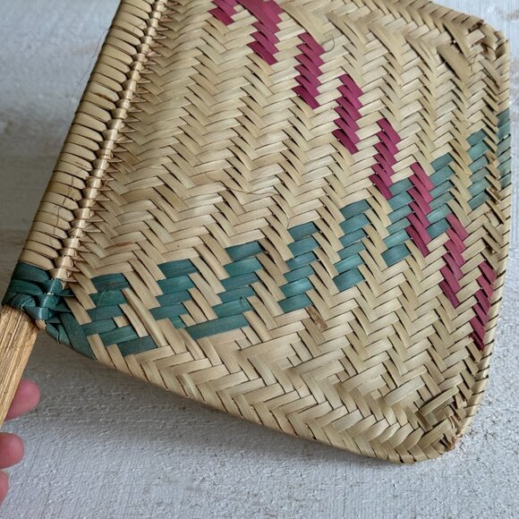 Vintage Colourful Tight Weave Hand Fan - Woven Purple, Blue and Tan Fan - Picture 3 of 6